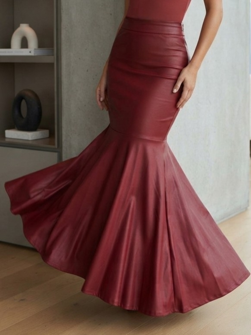 Vintage Sexy Diva Red Fold-Over Waist Maxi Skirt Size L/XL